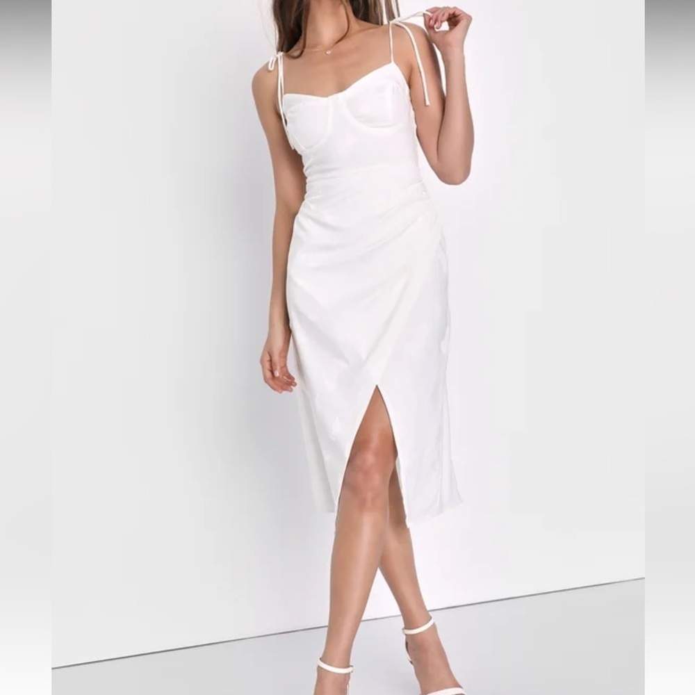 Lulu's Wishing on Love White Satin Butterfly Jacquard Tie-Strap Dress